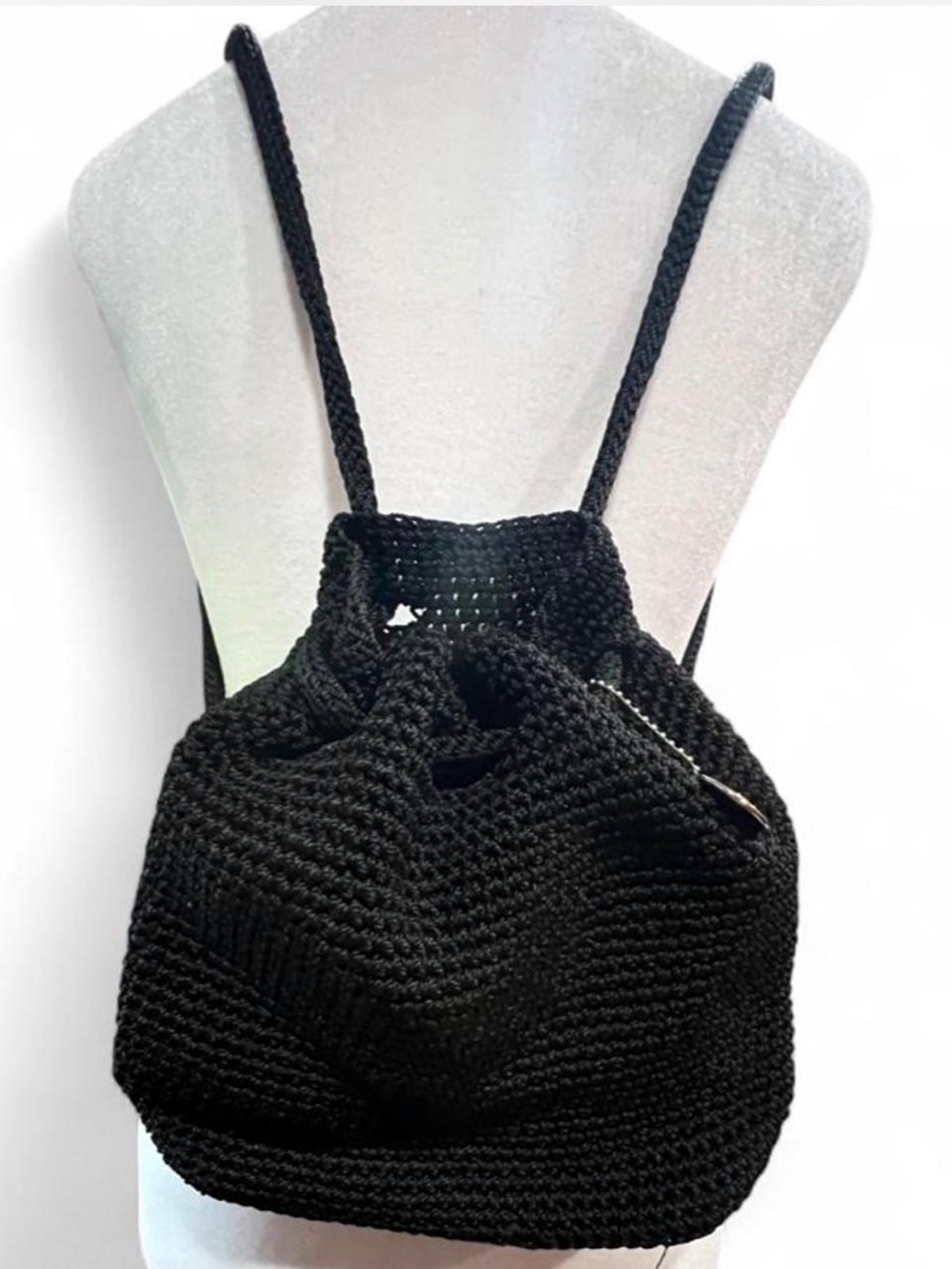 Vintage Y2K The Sak Black Crochet Drawstring Backpack